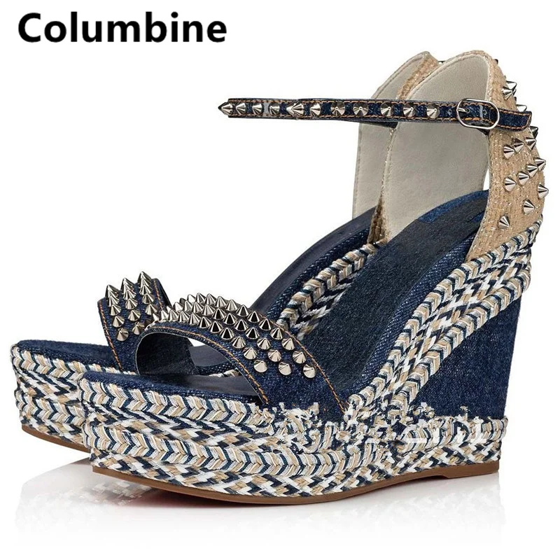 Dark Black Blue Denim High Wedge Espadarille Metal Stud Heel Sandals Low Platform Mixed Colors Patchwork Appliques Shoes
Dark Black Blue Denim High Wedge Espadarille Metal Stud Heel Sandals Low Platform Mixed Colors Patchwork Appliques Shoes