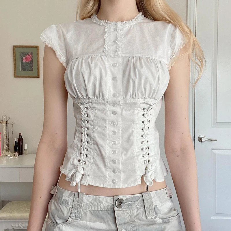 Hikigawa Summer Lace Bandage Slim T-shirts Casual O Neck Chic Fashion Tops Women Short Sleeve Sexy Vintage Roupas Femininas
Hikigawa Summer Lace Bandage Slim T-shirts Casual O Neck Chic Fashion Tops Women Short Sleeve Sexy Vintage Roupas Femininas