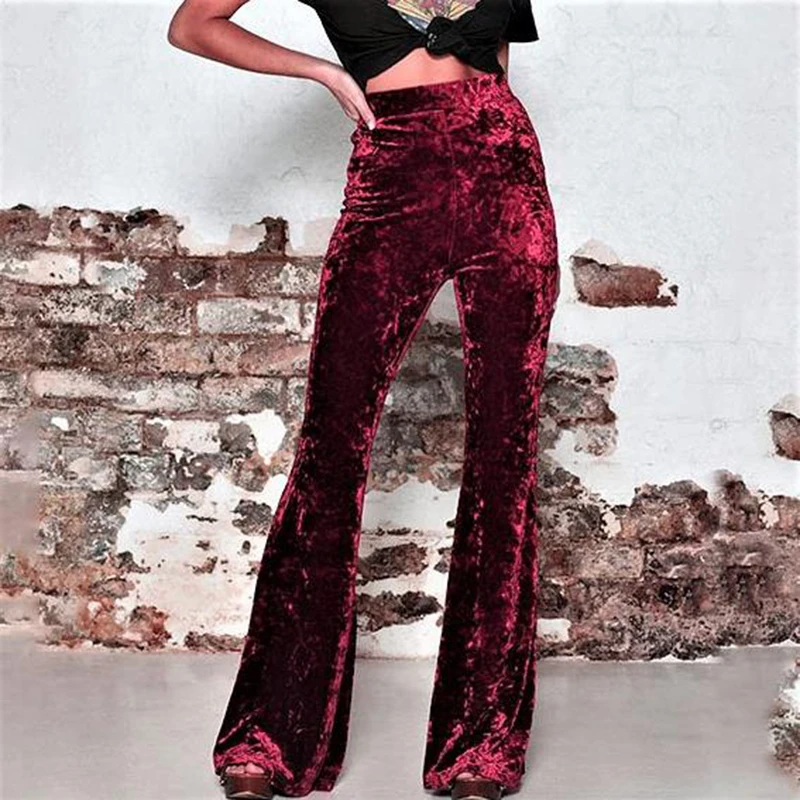 

Women's Elegant Velvet Wide Leg Pants Red New High Waist Pleuche Trousers Korean Loose Casual Solid Street Wear Long Flare Pant