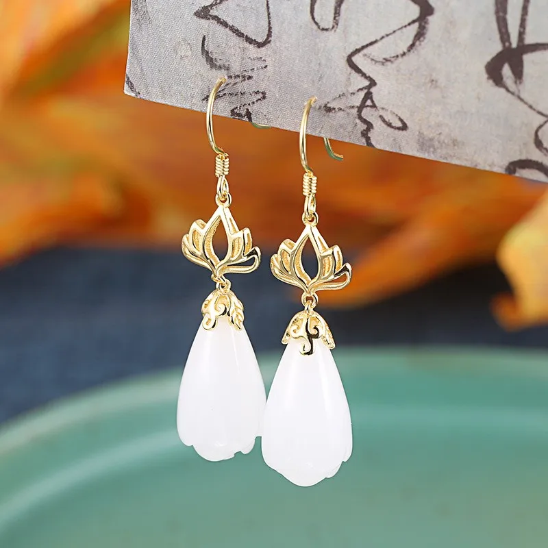 

ES084 ZFSILVER S925 Silver Korean Fashion Luxury Hetian Jade Drop Lotus Magnolia Earrings Jewelry For Women Match-all Girls Gift