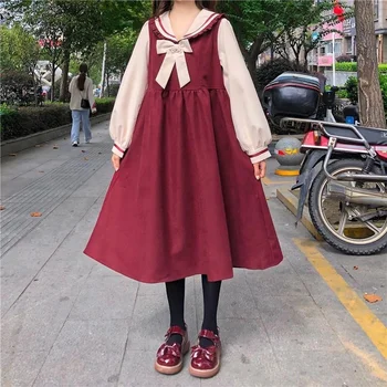 QWEEK Japanese Sweet Style Kawaii Lolita Dress 2021 Autumn Soft Sailor Collar Ruffle Long Sleeve Dresses College Student Women