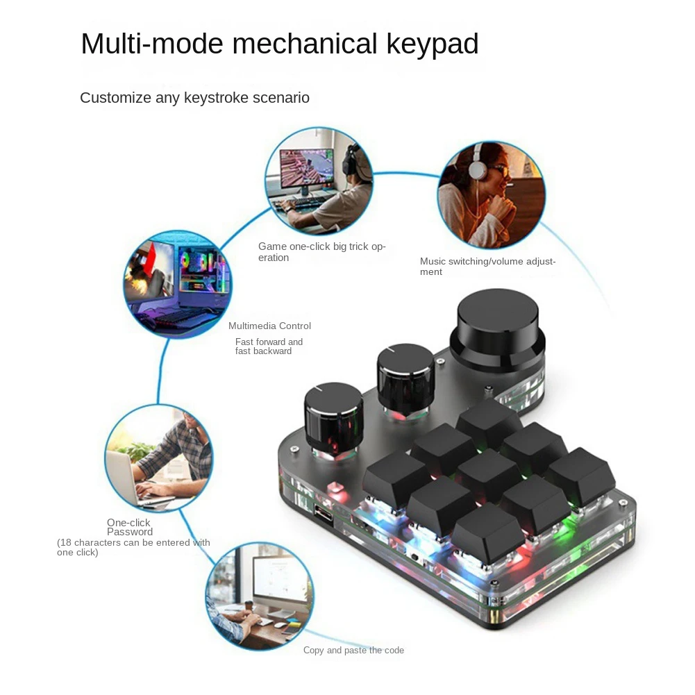 RGB Macro Keyboard Bluetooth 3 Knob Custom Keyboard Mini Mechanical Keyboard Programming Macro Gaming Keypad(Black)
RGB Macro Keyboard Bluetooth 3 Knob Custom Keyboard Mini Mechanical Keyboard Programming Macro Gaming Keypad(Black)
