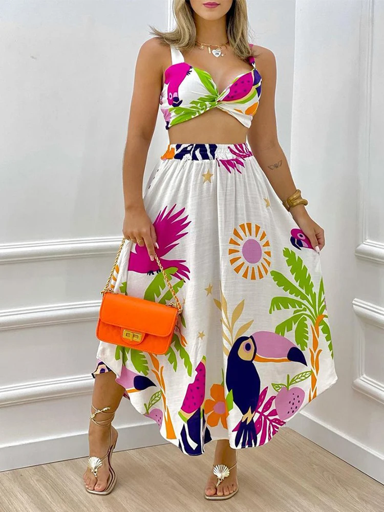 Shein Vogue 2022 летние платья для женщин Тропический Принт птицы скрученный топ и юбка с высокой талией Vestido повседневное богемное Платье Макси 
Shein Vogue 2022 летние платья для женщин Тропический Принт птицы скрученный топ и юбка с высокой талией Vestido повседневное богемное Платье Макси