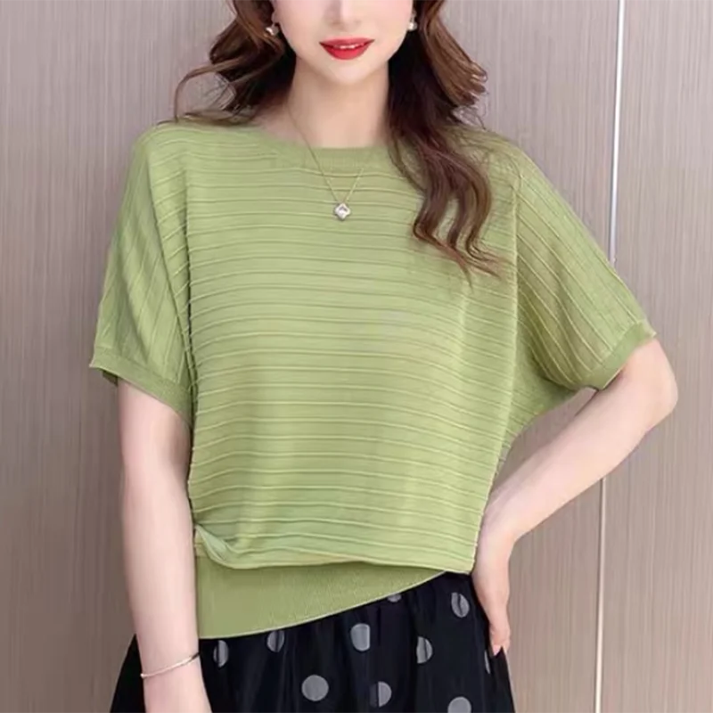 

Batwing Sleeve Loose Casual Knitted Shirt Women Fashion 2023 Stripe Summer Short Sleeve Blouse O Neck Solid Tops Blusas 27859