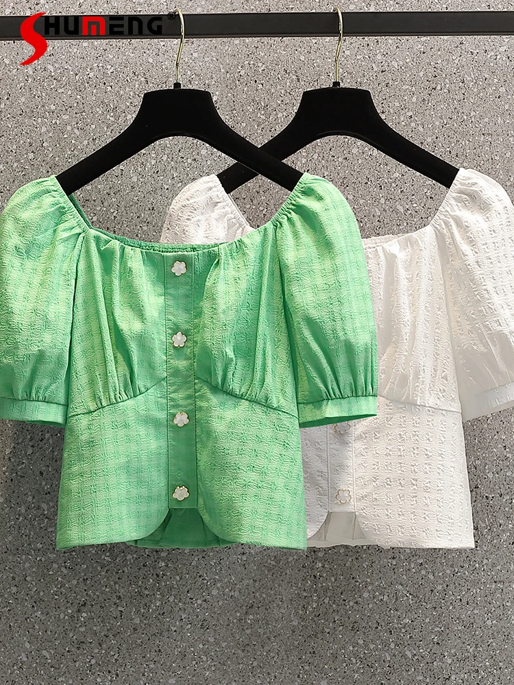 Oversized Women's Tunics Top Green Clothing 2022 Summer New French Temperament Square Collar Puff Short Sleeve Blouses Female 
Oversized Women's Tunics Top Green Clothing 2022 Summer New French Temperament Square Collar Puff Short Sleeve Blouses Female