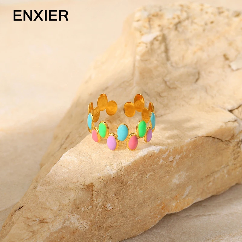 

ENXIER Fashion Creative Oval Colored Beanie Open Adjustable Ring Women 316L Stainless Steel Gold Color Ring Female Jewelry