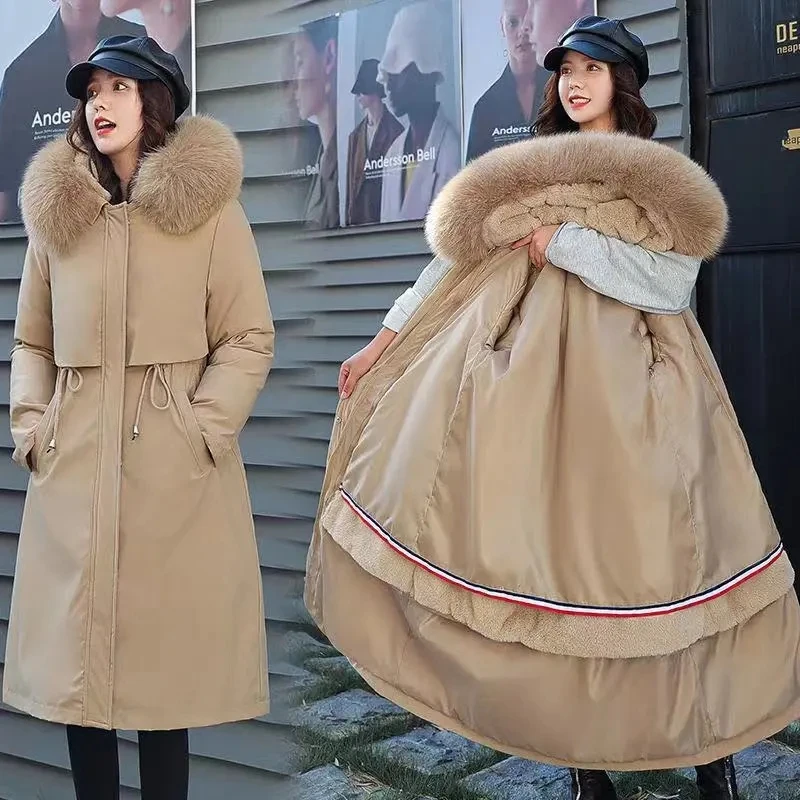 

Женские парки, новинка 2023, женская зимняя куртка, корейское длинное хлопковое пальто с большим меховым воротником, теплое утепленное пальто с хлопковой подкладкой, женская верхняя одежда