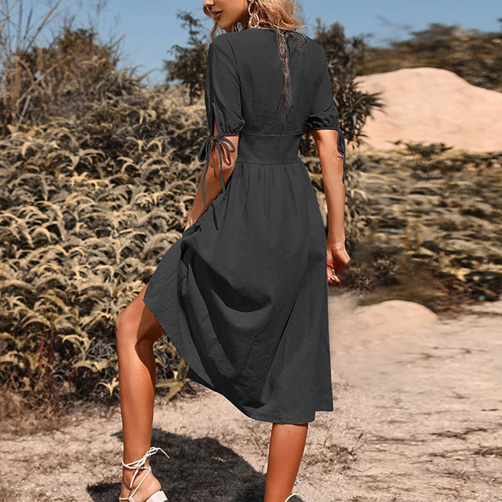 Women's Comfortable and Stylish Dress for Summer Beach with Short Sleeves V Neckline and Button Down Front in Solid Colors
Women's Comfortable and Stylish Dress for Summer Beach with Short Sleeves V Neckline and Button Down Front in Solid Colors
