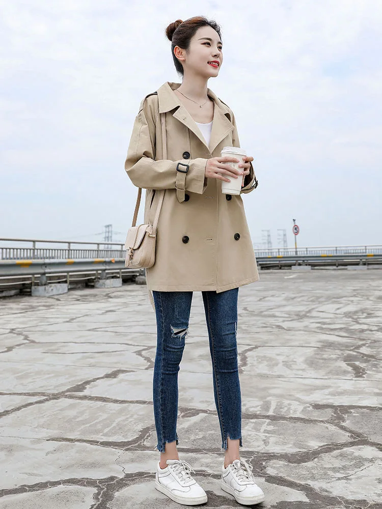 

FTLZZ Spring Autumn Female Vintage Sash Tie Up Khaki Trench Coat Women Casual Turn-down Collar Double Breasted Jacket