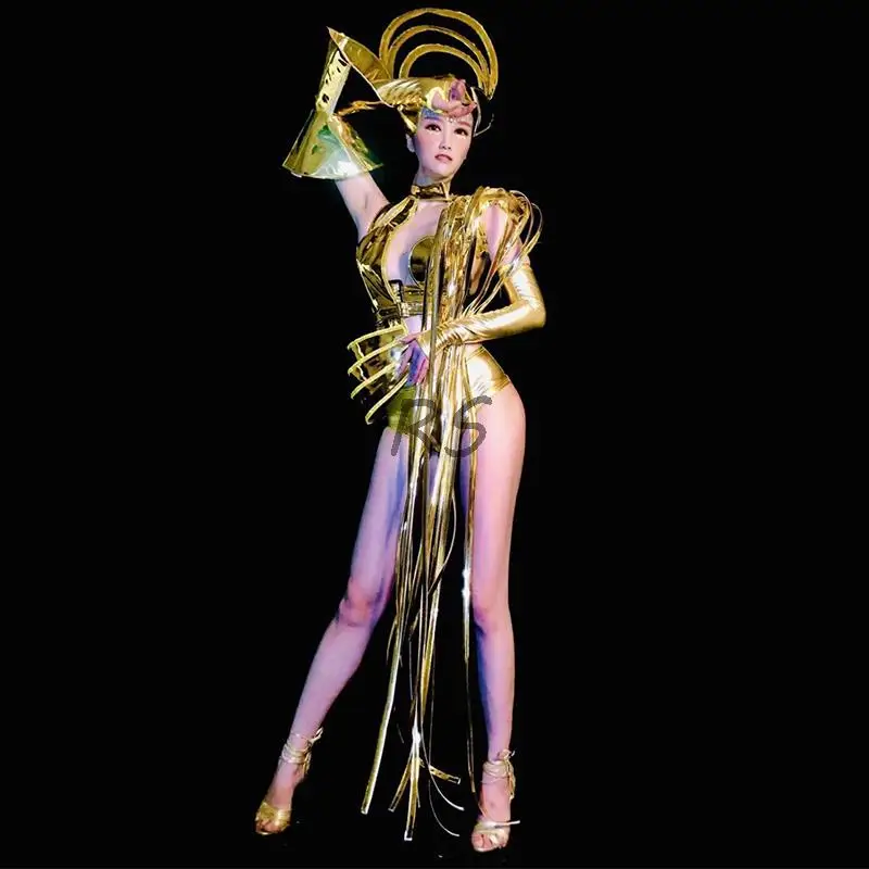 Women Cosplay Costume Novelty Stage Wear Bar Rave Performance Clothes Gold Tassel Bodysuit Gloves Headdress Dance Outfit 
Women Cosplay Costume Novelty Stage Wear Bar Rave Performance Clothes Gold Tassel Bodysuit Gloves Headdress Dance Outfit