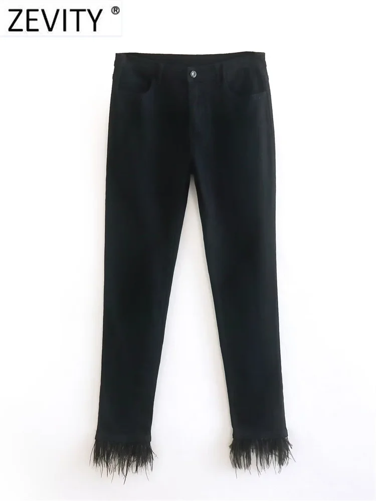 Zevity New Women Fashion Feathers Stitching Stretchy Denim Pencil Pants Female Calf Length Trousers Pantalones Mujer Pants P3190
Zevity New Women Fashion Feathers Stitching Stretchy Denim Pencil Pants Female Calf Length Trousers Pantalones Mujer Pants P3190