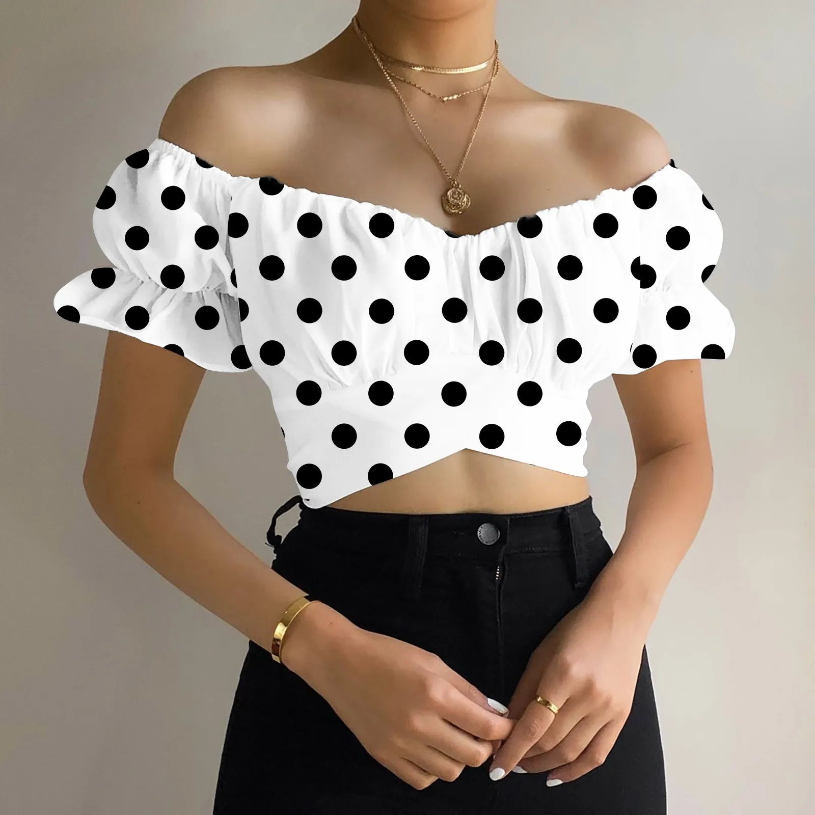 

Off Shoulder Crop Tops Women Summer Sexy Polka Dots White Shirts Short Sleeve Blouse Sexy Slash Neck Shirts Lady Backless Blouse