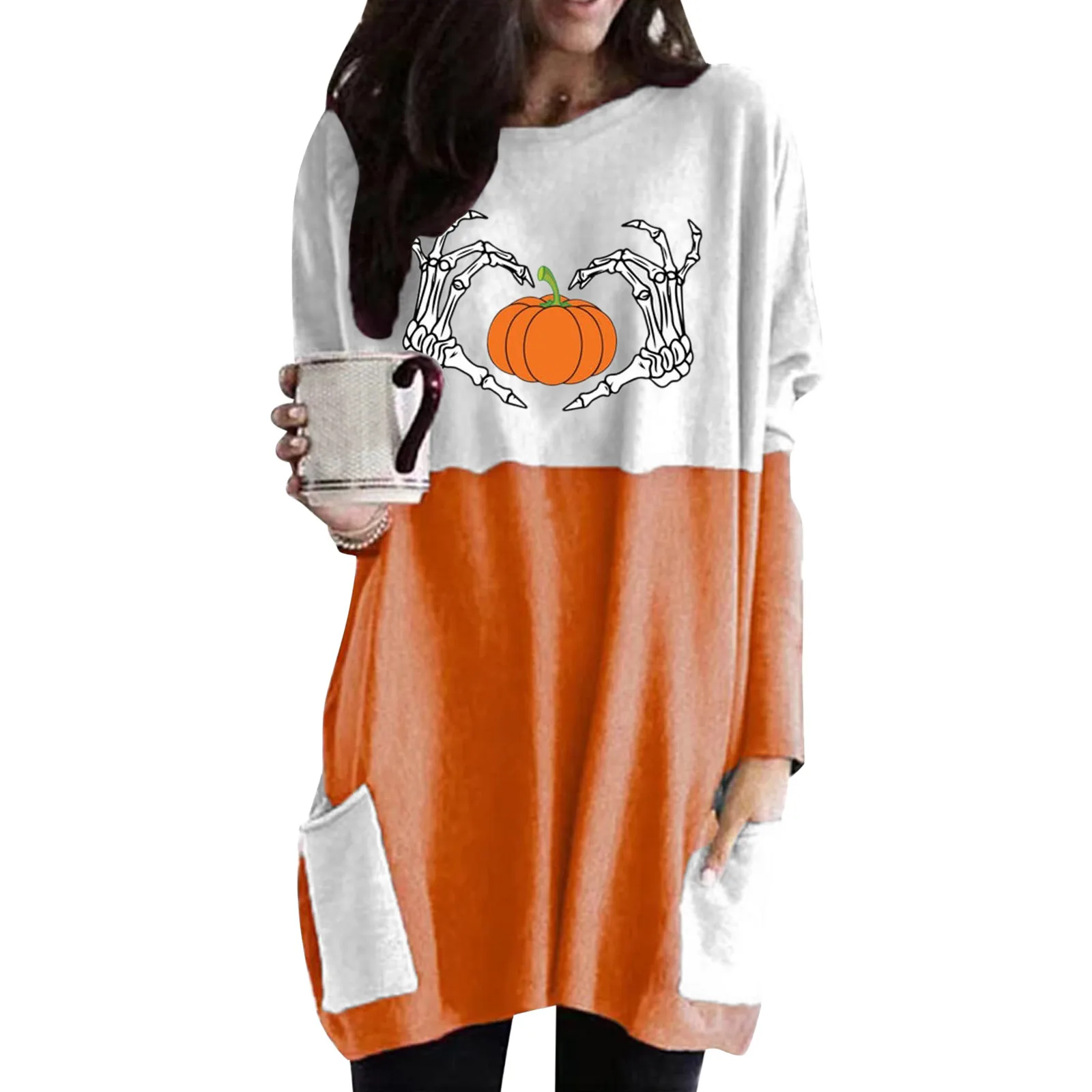 

Женское платье-футболка с карманами на Хэллоуин, Повседневная Туника с длинным рукавом, топы, рубашки, куртка, одежда для активного отдыха д...