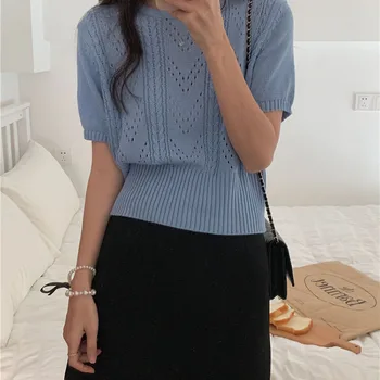 5Colors 2022 Spring Summer Korean Style Hollow Out Knitted Sweater and pullover womens Girls Outwear Short Sleeve Tops(G8209)