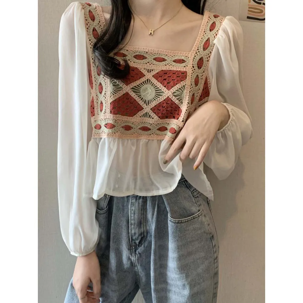 Blouse French Square Neck Stitching Lace Chiffon Shirt New Style Short Western Style Small Shirt And Long-sleeved Top Korea
Blouse French Square Neck Stitching Lace Chiffon Shirt New Style Short Western Style Small Shirt And Long-sleeved Top Korea