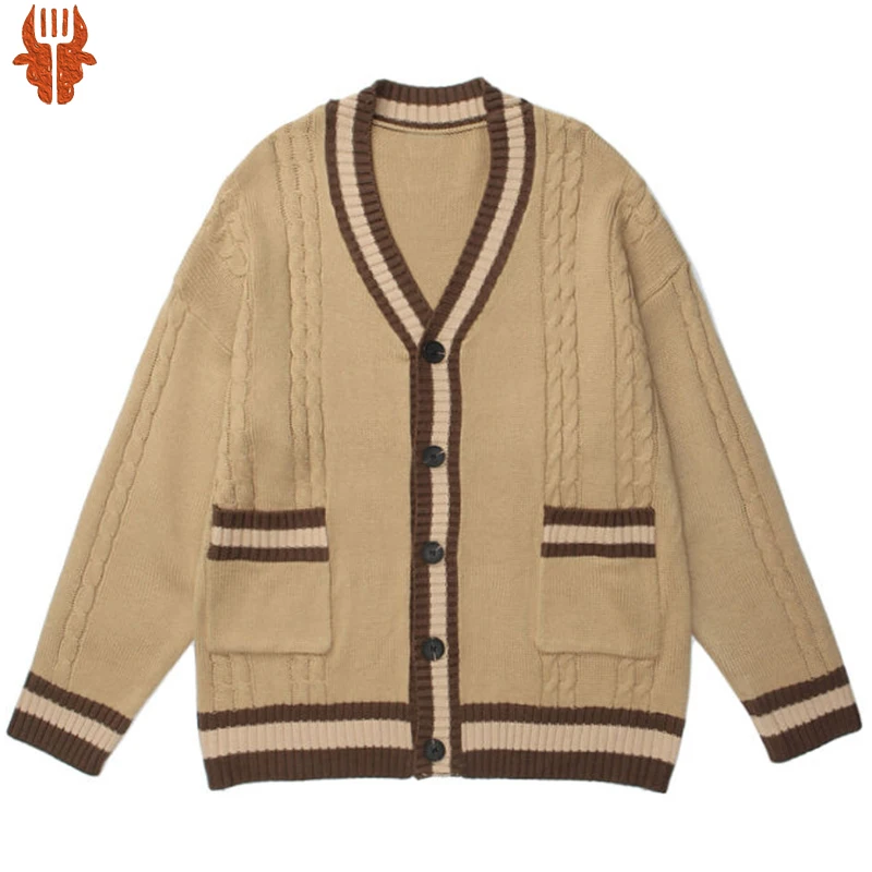 

Vintage Spliced Color Cardigan Knitted Sweater Men Harajuku Hip Hop Streetwear Loose Woman Casual Return Cardigan Sweater Coats