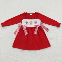 Baby Girls Long Sleeves Embroidery Red Dress Infant Toddler Christmas Gingerbread Candy One Piece Kids Children Cotton Clothes