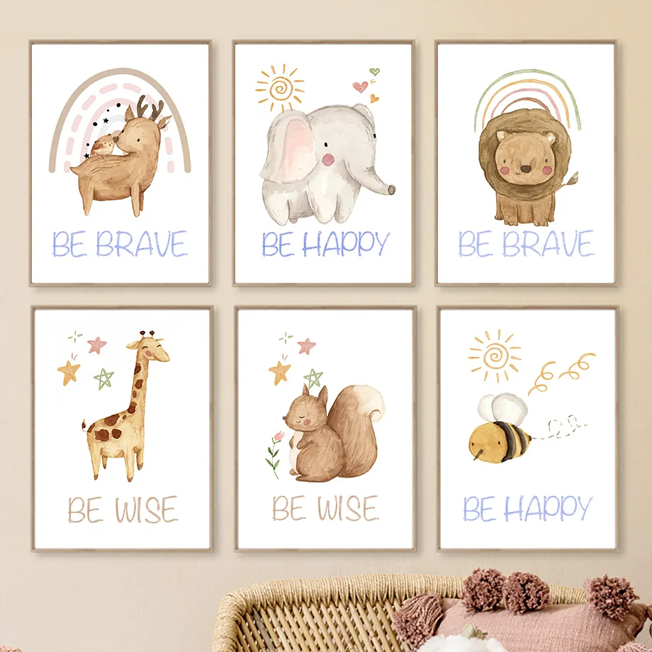 

Cute Elephant Lion Giraffe Deer Nursery Animal Wall Art Nordic Posters And Prints Canvas Painting Pictures Baby Kids Room Decor