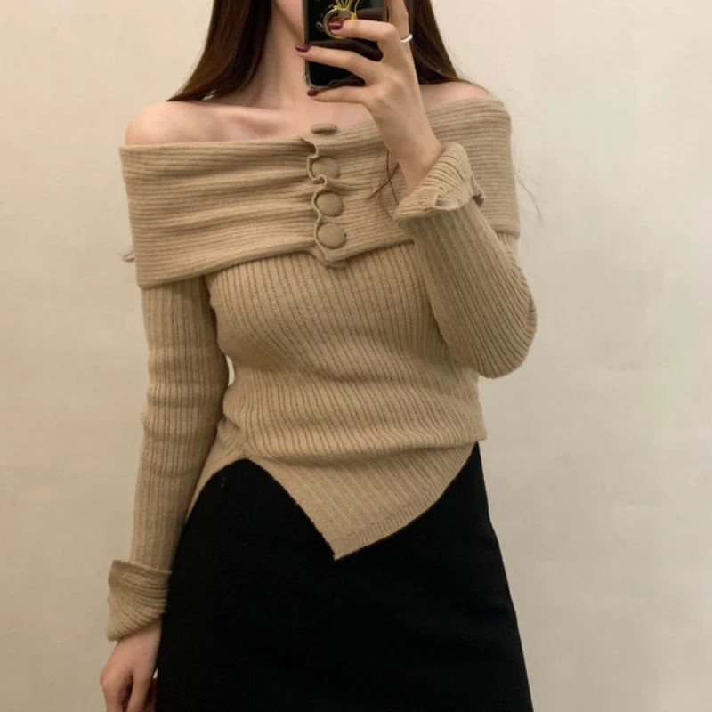 Korean Fashion Knitted Pullover Woman Slash Neck Off Shoulder Long Sleeve Side Split Sweater Solid Color Top Female Dropshipping
Korean Fashion Knitted Pullover Woman Slash Neck Off Shoulder Long Sleeve Side Split Sweater Solid Color Top Female Dropshipping