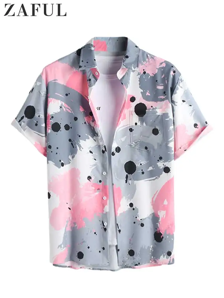 

ZAFUL Colorblock Shirts for Men Short Sleeves Splash Painting Shirt Summer Streetwear Vacation Tops with Pocket Z5082514