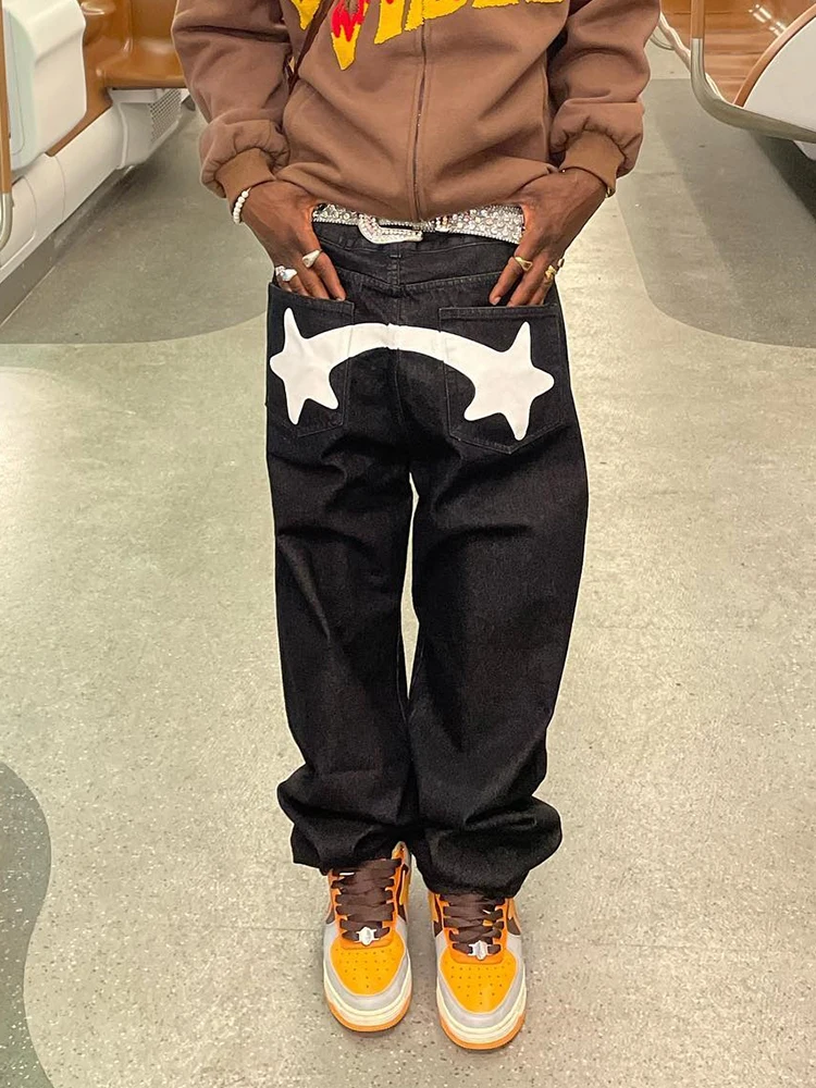 

Pantalones vaqueros con estampado de Estrellas Negras para hombre, ropa holgada de cintura baja, informal, Y2K, Otoño, 2022