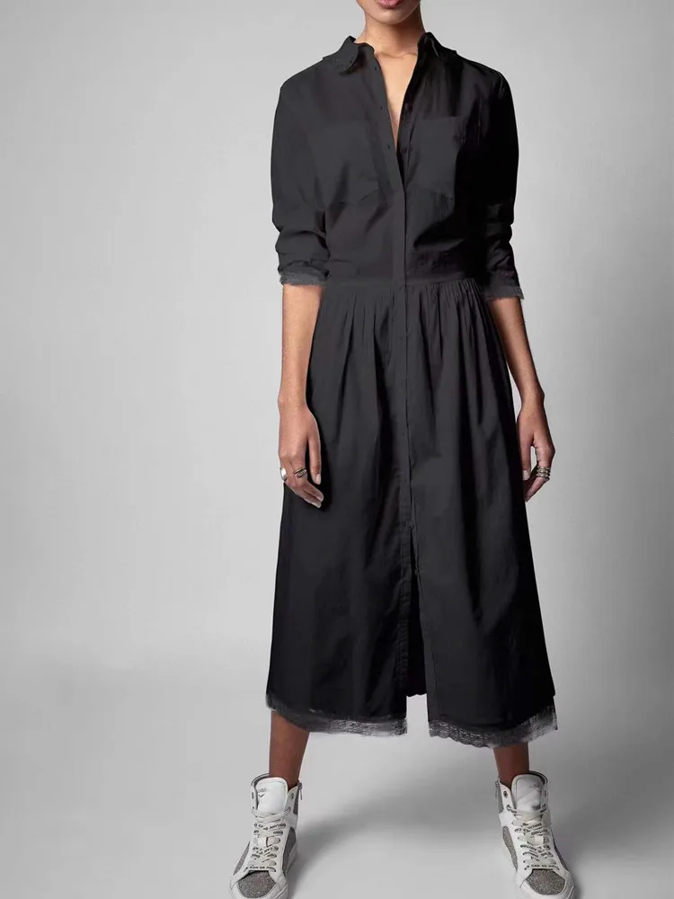 Women Lace-Trim Cotton Midi Dress Letter Embroidery Long-Sleeved Ladies Turn-Down Collar Single-Breasted Long Robe with Pockets
Women Lace-Trim Cotton Midi Dress Letter Embroidery Long-Sleeved Ladies Turn-Down Collar Single-Breasted Long Robe with Pockets