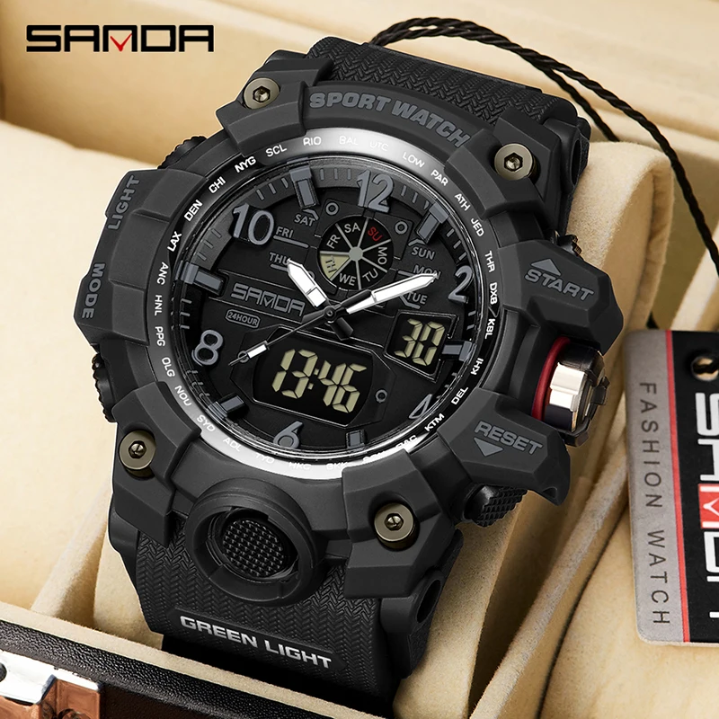 

SANDA 3169 New Fashion Casual Watch Men Digital Dual Time Week Gold Sport 5bar Waterproof Quartz Wristwatches Relogio Masculino