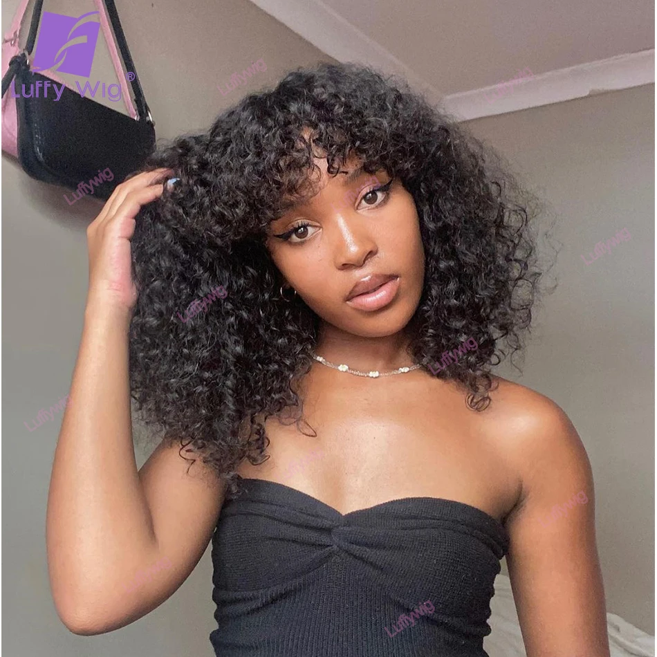 

200 Density Curly Human Hair Wigs With Bangs Brazilian Remy Hair Machine Scalp Top Bang Wig Glueless For Black Women Luffywig