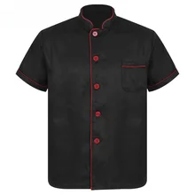 Mens Chef Shirt Uniform Coat Jacket Short Sleeve Restaurant Kitchen Bakery Stand Collar Button Down Cooking Tops with Pocket