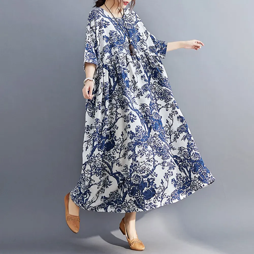 Women Cotton Linen Dress Floral Print Pockets Mid-Calf Loose O-Neck Short Sleeves Plus Size Casual
Women Cotton Linen Dress Floral Print Pockets Mid-Calf Loose O-Neck Short Sleeves Plus Size Casual