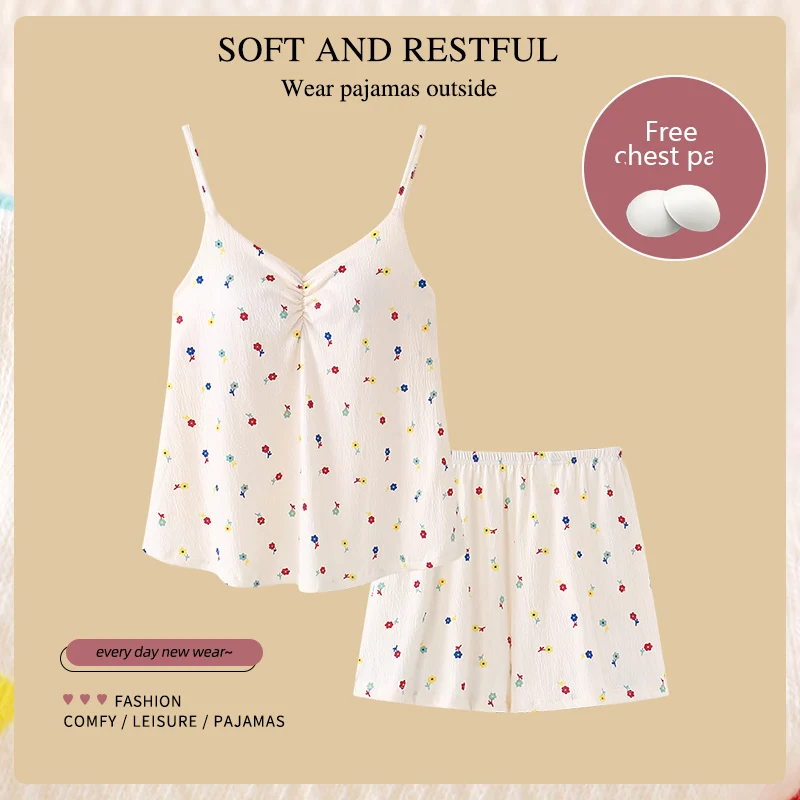 Summer pajamas, women's foam cotton crepe fabric, new suspender shorts, thin set, sexy and cute printed female student home wear
Summer pajamas, women's foam cotton crepe fabric, new suspender shorts, thin set, sexy and cute printed female student home wear