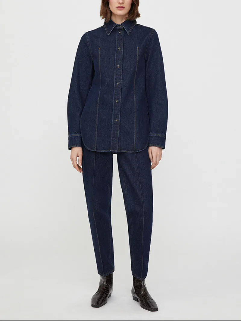 Autumn Winter New Women's Retro Denim Shirt Coat Ladies Bright Line Decorate Side Slit Single-Breasted Dark Blue Blouse Top
Autumn Winter New Women's Retro Denim Shirt Coat Ladies Bright Line Decorate Side Slit Single-Breasted Dark Blue Blouse Top
