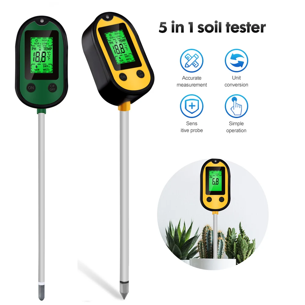 

4/5 in 1 Soil PH Meter Sunlight Hygrometer LCD Digital Garden Plant Flowers Temp Monitor Sensor Environmental Humidity Test Tool