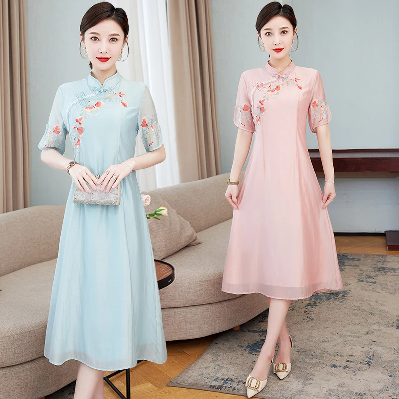 COIGARSAM Dresses Women Spring 2022 New Office Lady Short Sleeve Embroidery Stand Neck Pink Green Dress Dropshipping 
COIGARSAM Dresses Women Spring 2022 New Office Lady Short Sleeve Embroidery Stand Neck Pink Green Dress Dropshipping