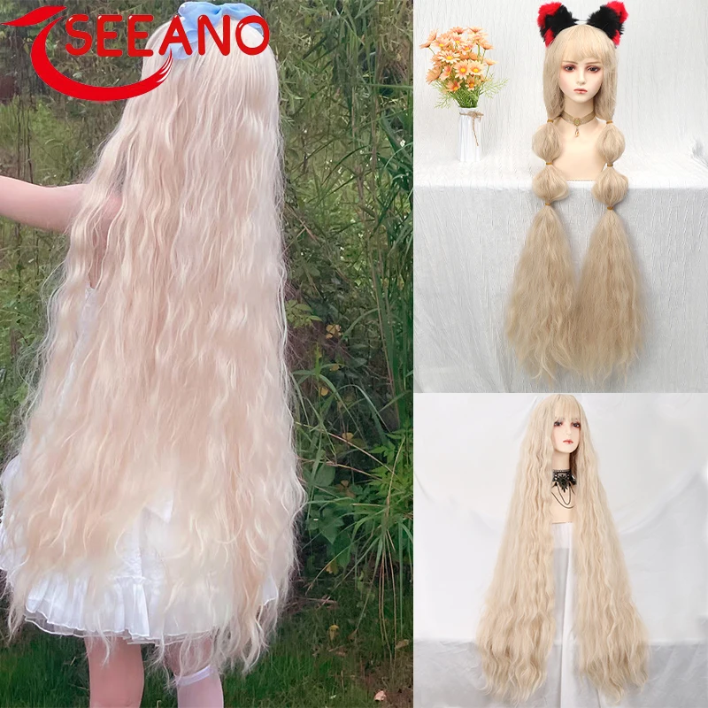 

SEEANO 120cm Synthetic Long Curly Cosplay Wig With Bang Red Light Blonde Pink Cute Lolita Wig Women Halloween Cosplay Wig Female