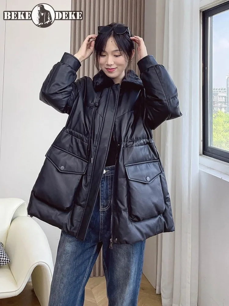 Женский зимний теплый пуховик из натуральной кожи повседневное Свободное пальто