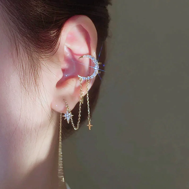 

Star Moon Chain Ear Bone Clip Ear Wire Integrated Long Tassel Rhinestones Piercing Stud Earring Simple Ear Cuff Women Jewelry