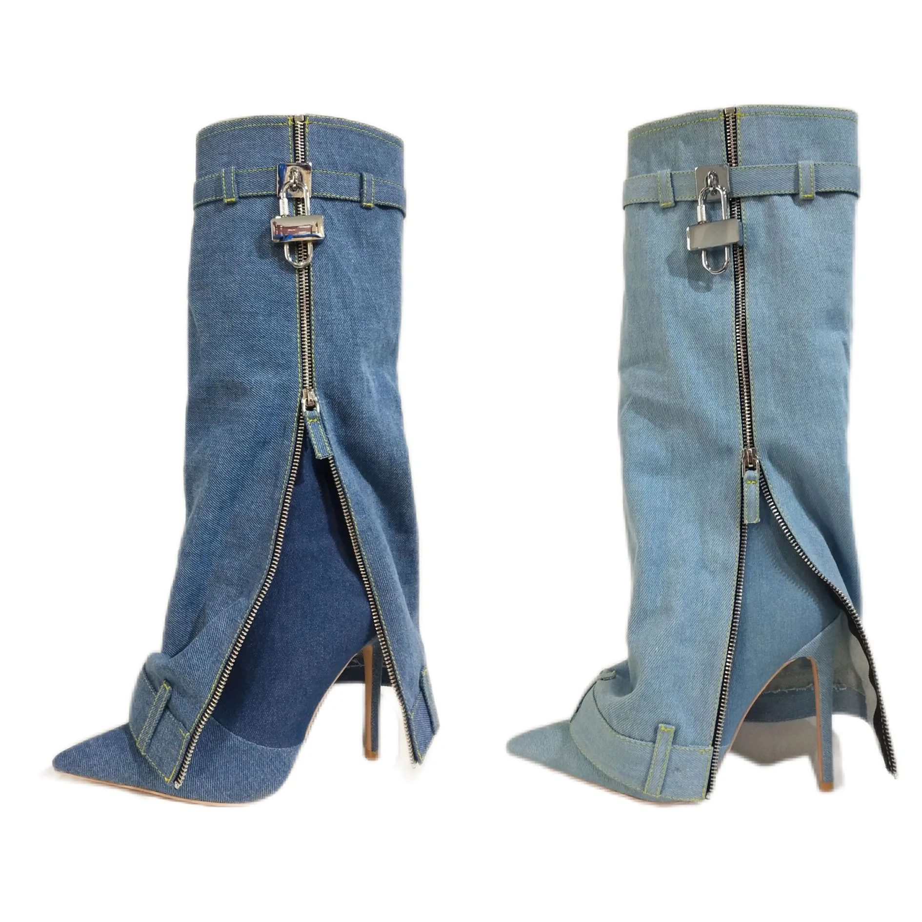 Point toe denim11.5cm/7.5 high heel Women boots Metal Lock pants-tube boots belt buckle stiletto women's shoes large size 34-43
Point toe denim11.5cm/7.5 high heel Women boots Metal Lock pants-tube boots belt buckle stiletto women's shoes large size 34-43