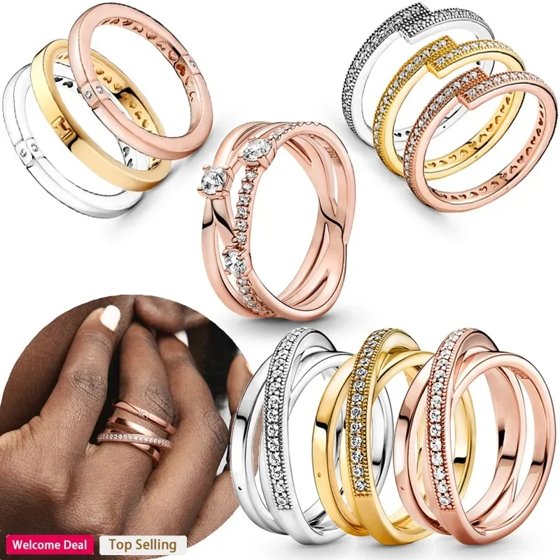 

New Original Women's 925 Silver Popular Shining Peach Heart Three Ring Cross Sign Ring Fashion DIY Light Luxury Charm Jewelry