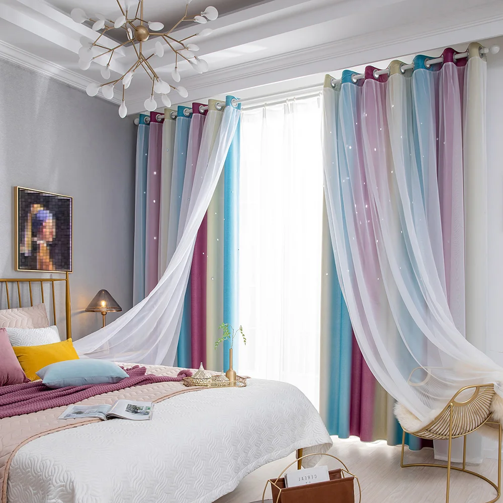 

Современные тюлевые шторы для гостиной, блестящие двухзвездочные полые декоративные двухслойные затемняющие оконные шторы с градиентом для спальни