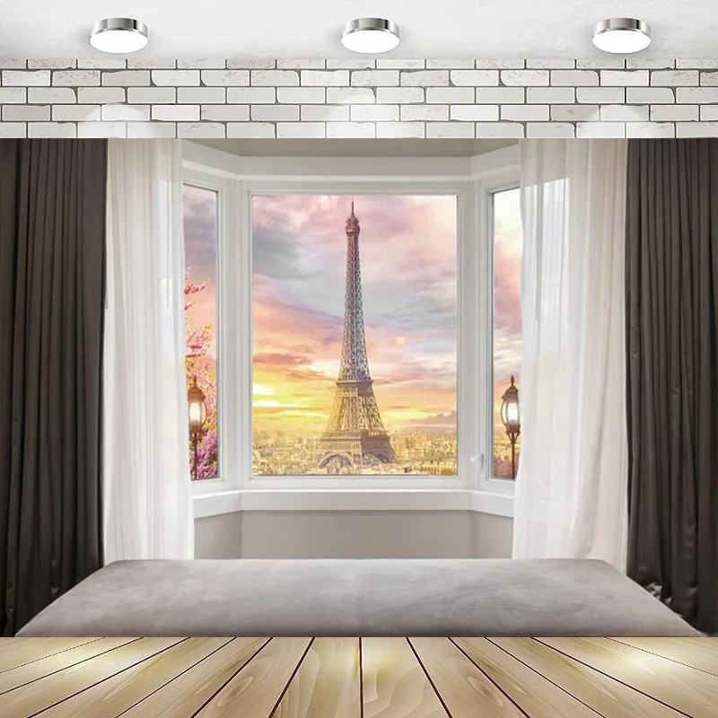 

Paris Eiffel Tower Gorgeous Sunset View Outside Balcony Window Happy Birthday Party Photography Backdrop Background Banner Decor