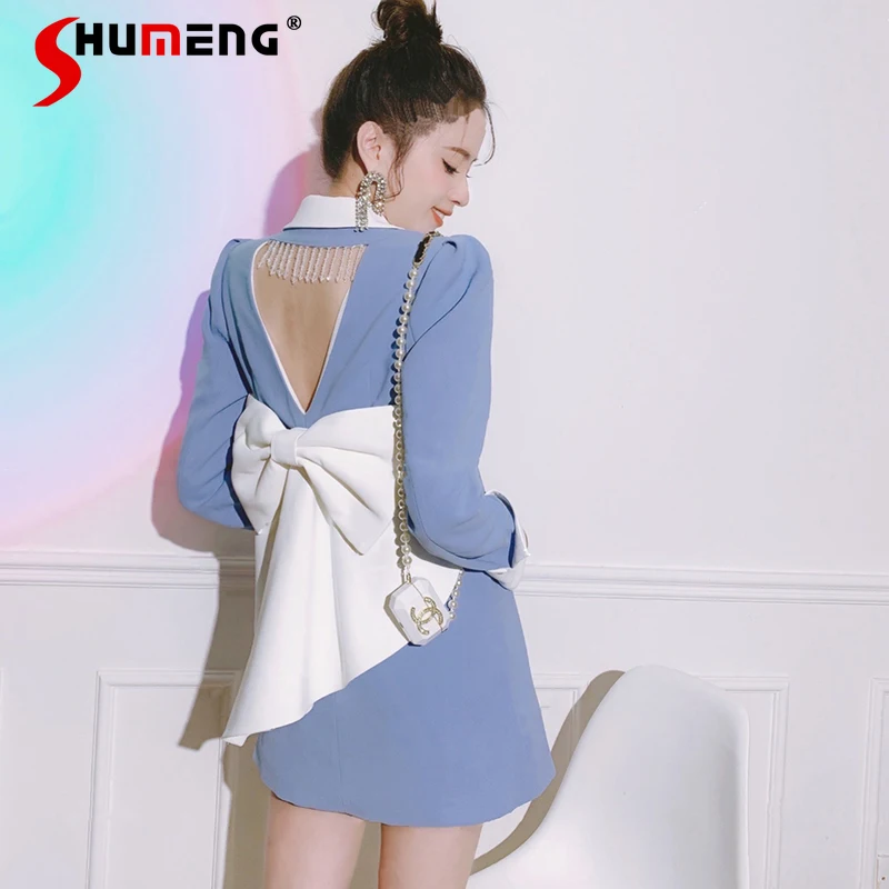 New Court Style Backless Big Bow Rhinestone Tassel Suit Dress Women's 2022 Spring French Contrast Color Diamond Slim Waist Dress 
New Court Style Backless Big Bow Rhinestone Tassel Suit Dress Women's 2022 Spring French Contrast Color Diamond Slim Waist Dress