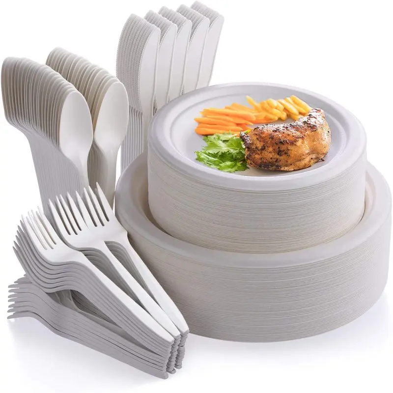 

250Pcs Disposable Dinnerware Set, Compostable Sugarcane Cutlery Eco Friendly Tableware Includes 50 Biodegradable Paper Plates, F