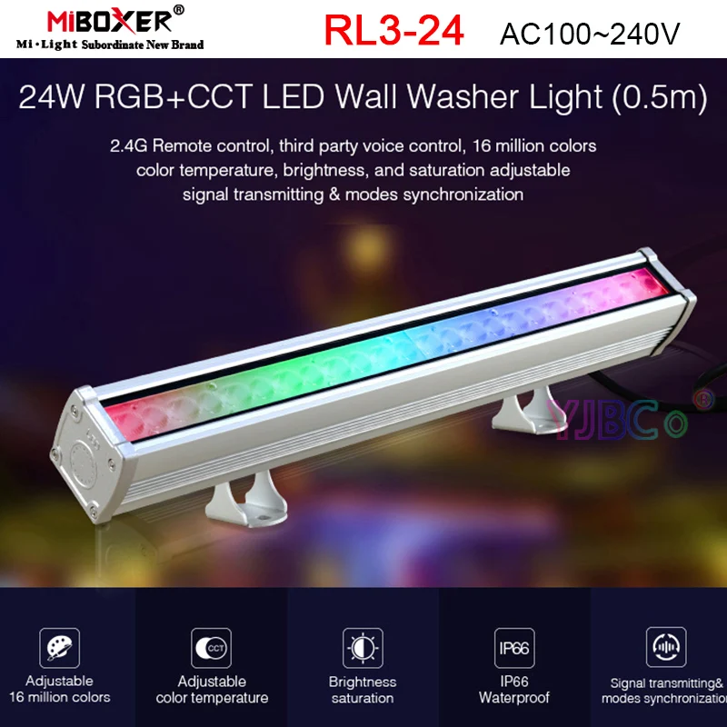

MiBoxer 0.5m 24W RGB+CCT LED Wall Washer Light Waterproof IP66 AC100~240V High Voltage Dimming outdoor Lamp 2.4G Remote control