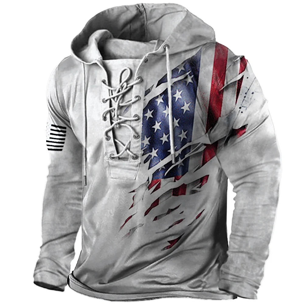 Large Size Men's Spring and Autumn Vintage American Flag Printed Lace-up Hooded Long-Sleeved T-shirt 
Large Size Men's Spring and Autumn Vintage American Flag Printed Lace-up Hooded Long-Sleeved T-shirt