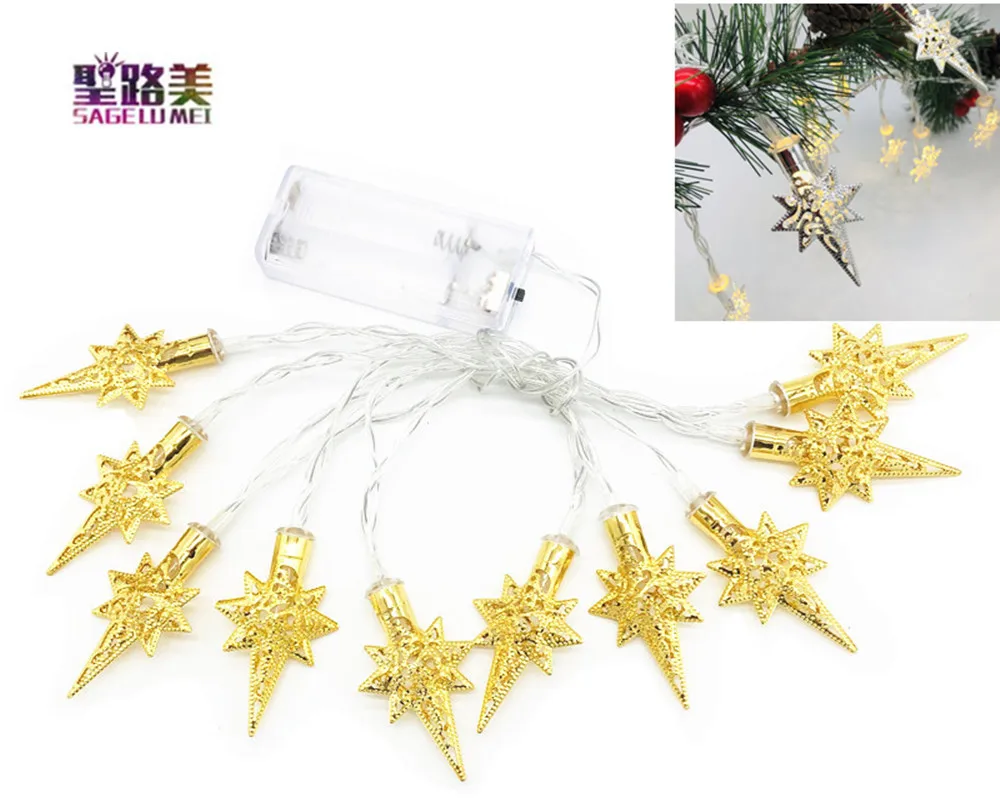 

2021 New 10/20Leds Christmas Lights Gold/ Silver Stars Anise-Stars Strings Xmas Tree Decoration for Festival Wedding Party Decor