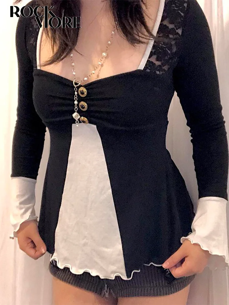 Женские лоскутные футболки Rockmore Harajuku y2k, одноцветные футболки с квадратным воротником и длинным рукавом, топы с бантиком, 2022 
Женские лоскутные футболки Rockmore Harajuku y2k, одноцветные футболки с квадратным воротником и длинным рукавом, топы с бантиком, 2022