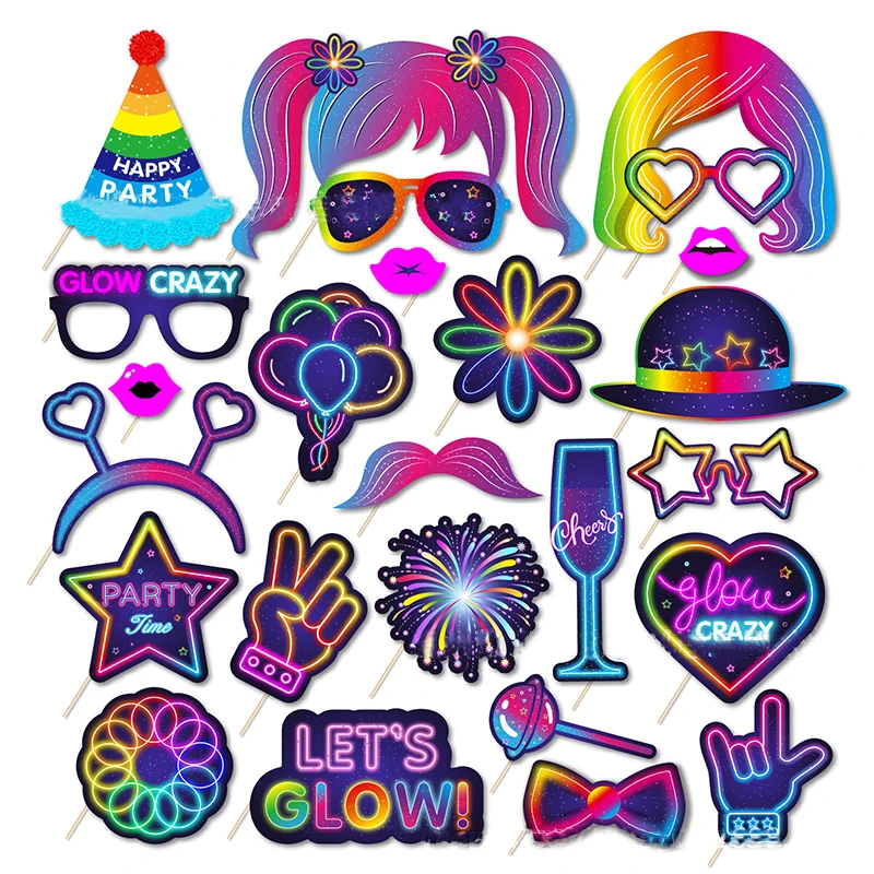 

Fluorescent Theme Party Photo Props Happy Let's Glow Party Time Luminous Adult Birthday Party Decor Glow Crazy Photo Mask