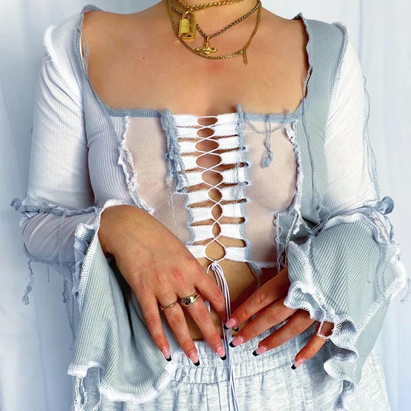 2021 Fashion Reverse Trim Color Block Cropped Top Long Sleeve Lace Up Mesh Patchwork Hollow Out Square Neck t-Shirt for Ladies
2021 Fashion Reverse Trim Color Block Cropped Top Long Sleeve Lace Up Mesh Patchwork Hollow Out Square Neck t-Shirt for Ladies