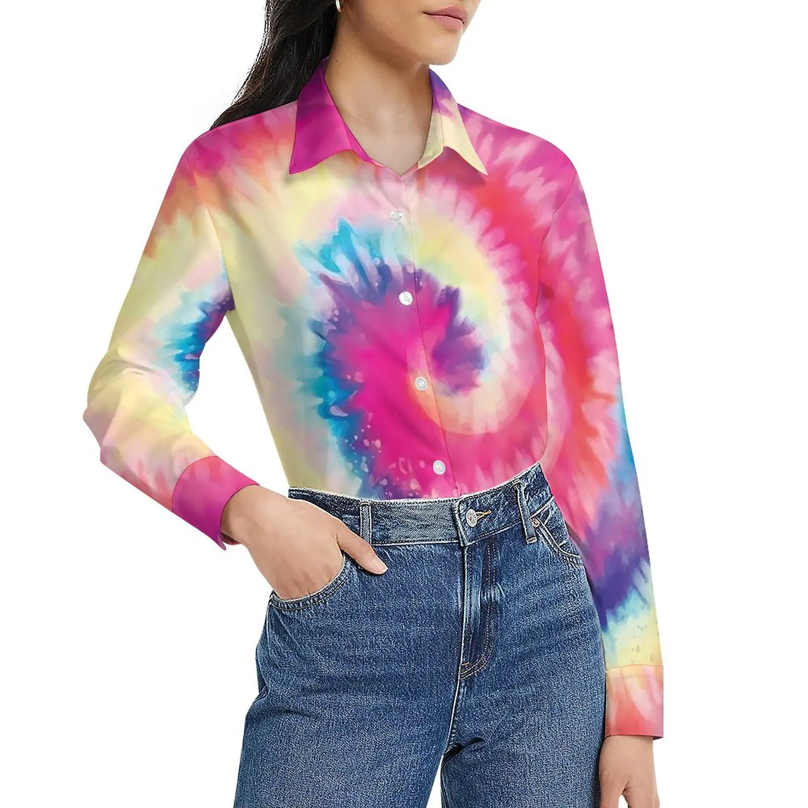 

Tie Dye Blouse Long-Sleeve Rainbow Swirl Cool Blouses Female Street Fashion Oversized Shirt Graphic Clothing Birthday Present
